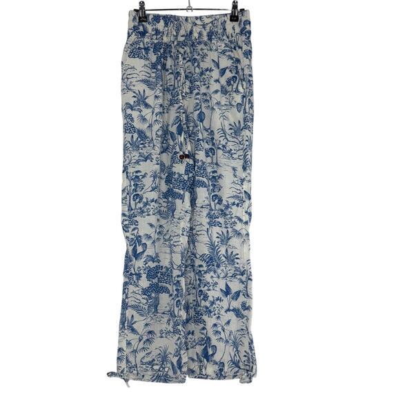 Nicole Miller Linen Blend Pants Small Blue White Toile Coastal Grandmillennial - Picture 1 of 5